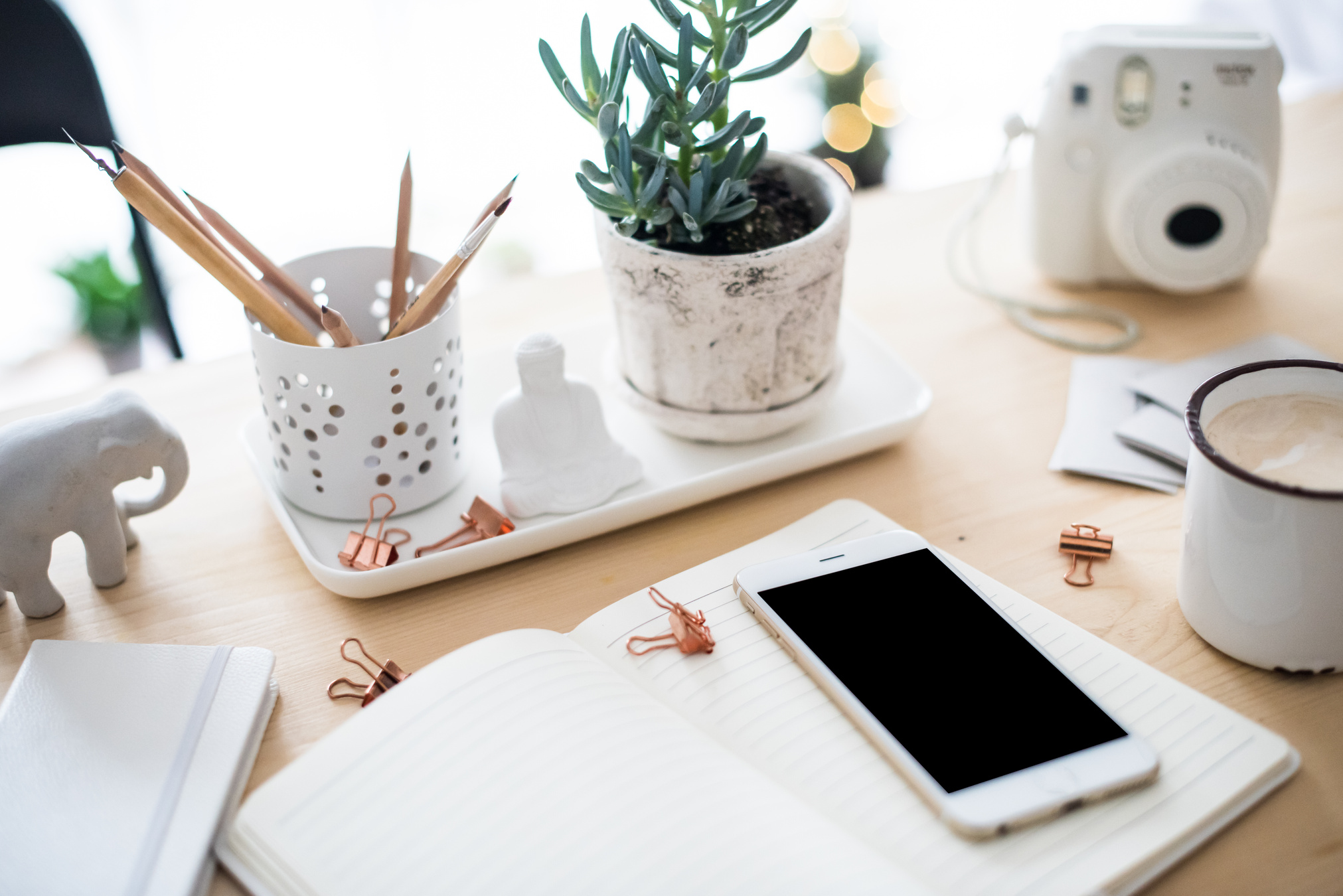 Office Desk Flat Lay with Coffee